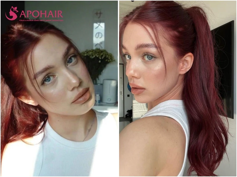 Two women with bright cherry red hair, one parted in the center and one in a high ponytail, on fair cool skin tones