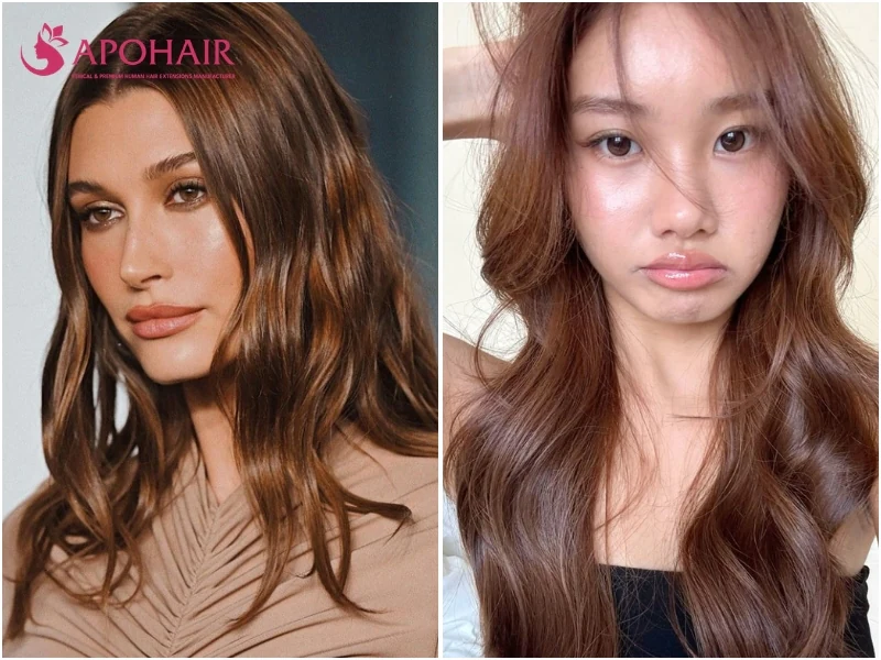 Two women with long wavy chestnut brown hair carrying a warm reddish-gold shine, a classic brunette frame for fair skin
