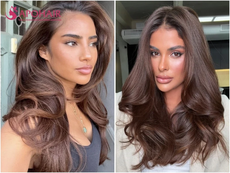 Two women with voluminous chestnut brown blowouts in a warm red-gold brown, on medium warm skin tones