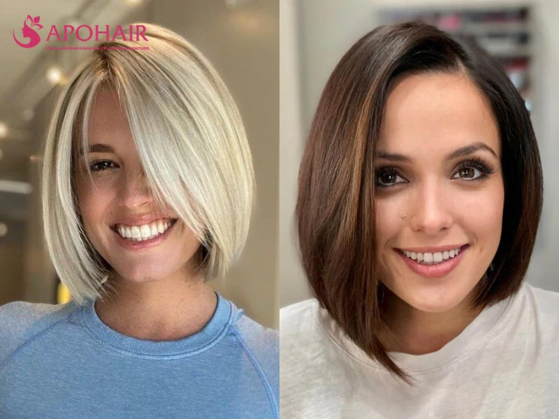 Two women with chin-length bobs and deep side parts, a diagonal line that suits a small face