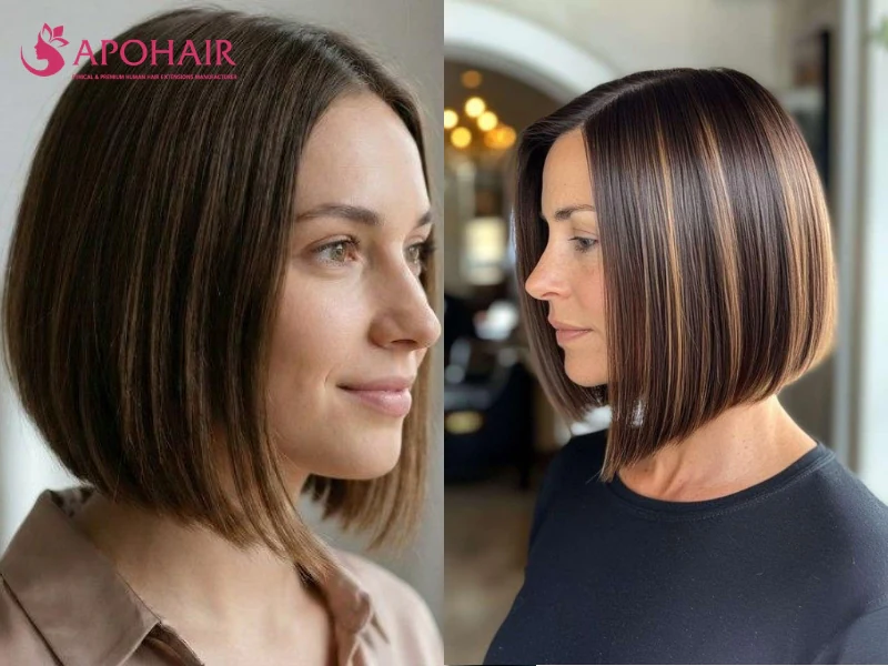 Two women in profile with a chin-length bob cut shorter at the back and longer toward the front