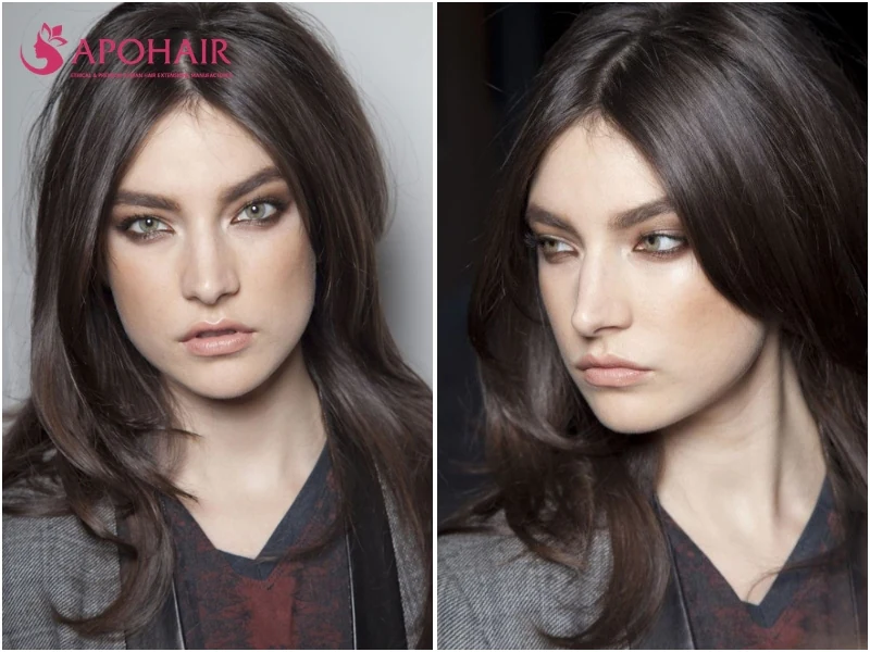 Two views of a woman with dark chocolate brown hair in soft layers, with pale cool skin tones and green-gray eyes