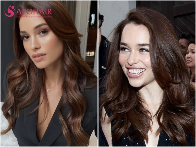 Two women with rich chocolate brown hair in glossy waves, a warm cocoa shade against fair skin