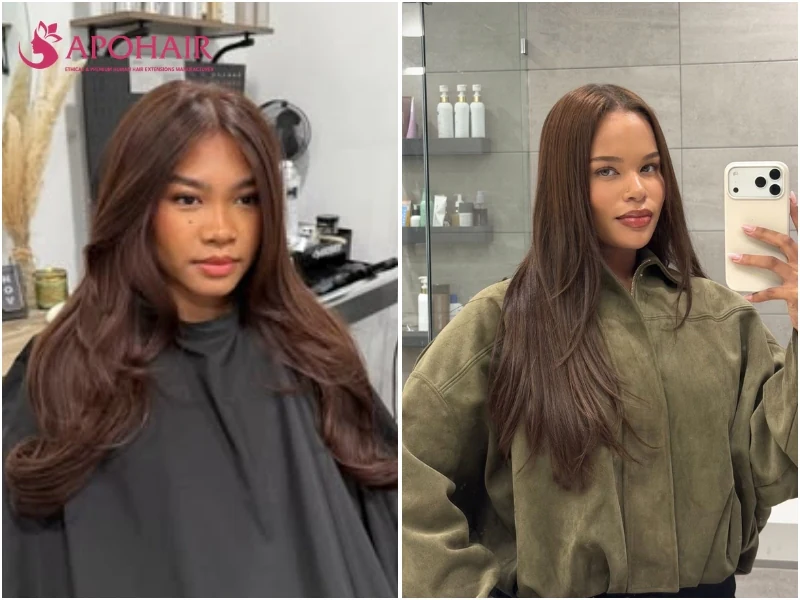 Two women with long warm chocolate brown hair in cocoa tones, one in a salon cape, on warm skin tones