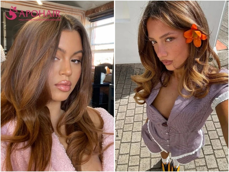 Two women with cinnamon brown hair and spicy copper ends, one with a flower behind her ear, on warm skin