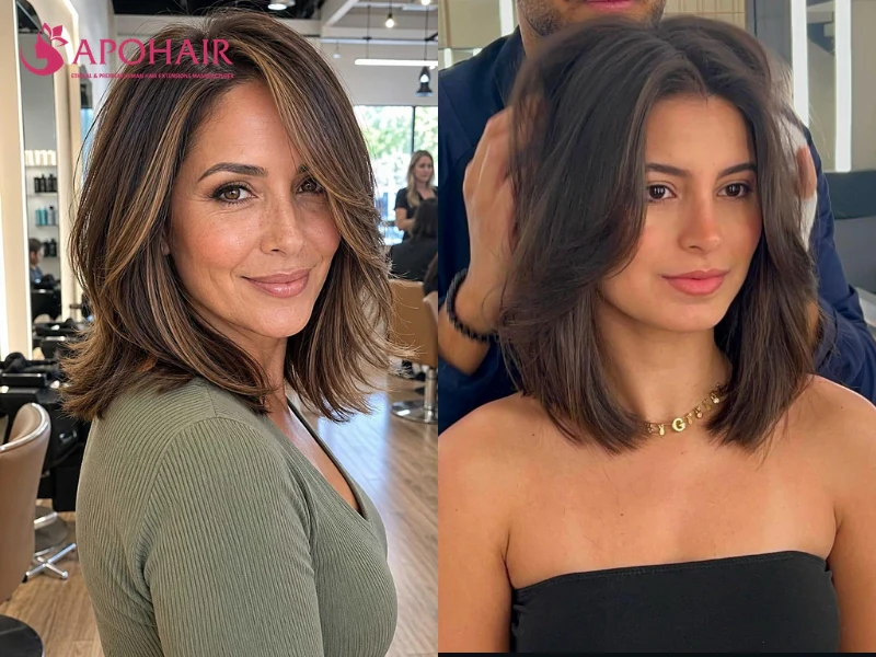 Two women with collarbone lobs and soft ends that add length below the jaw without crowding a small face