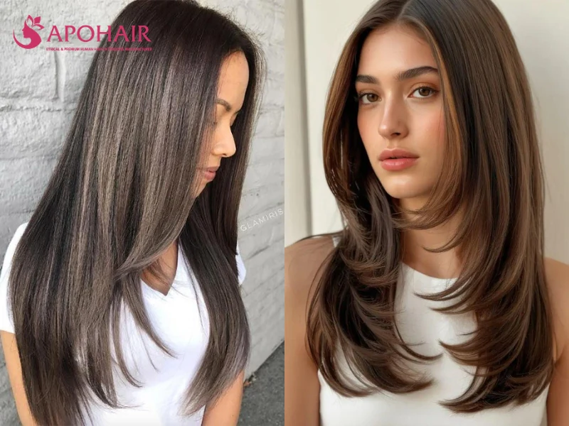 Two women with long straight brown hair and soft layers that begin at the collarbone