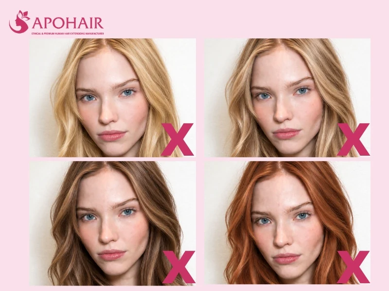 Grid of one woman in four warm hair colors, golden, honey, caramel, and copper, each marked with an X, to avoid on cool skin