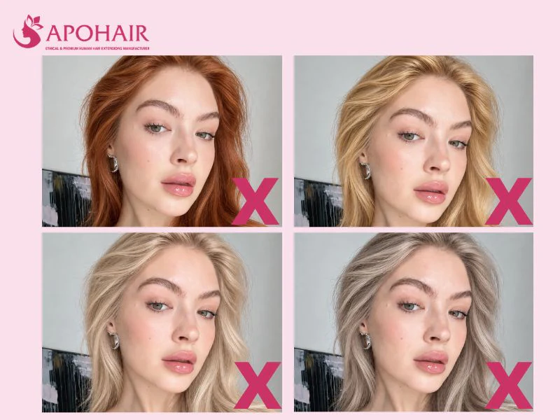 Grid of one woman with fair skin in four hair colors to avoid, copper, yellow, pale blonde, and ash, each marked X
