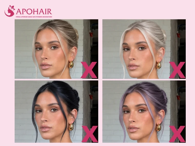 Grid of one woman with warm skin in ash blonde, icy platinum, blue black, and lavender, each marked with an X