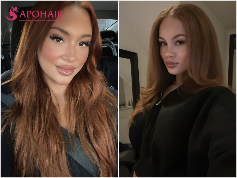 Two women with copper balayage painted through brown lengths, soft red-gold ends on warm skin tones