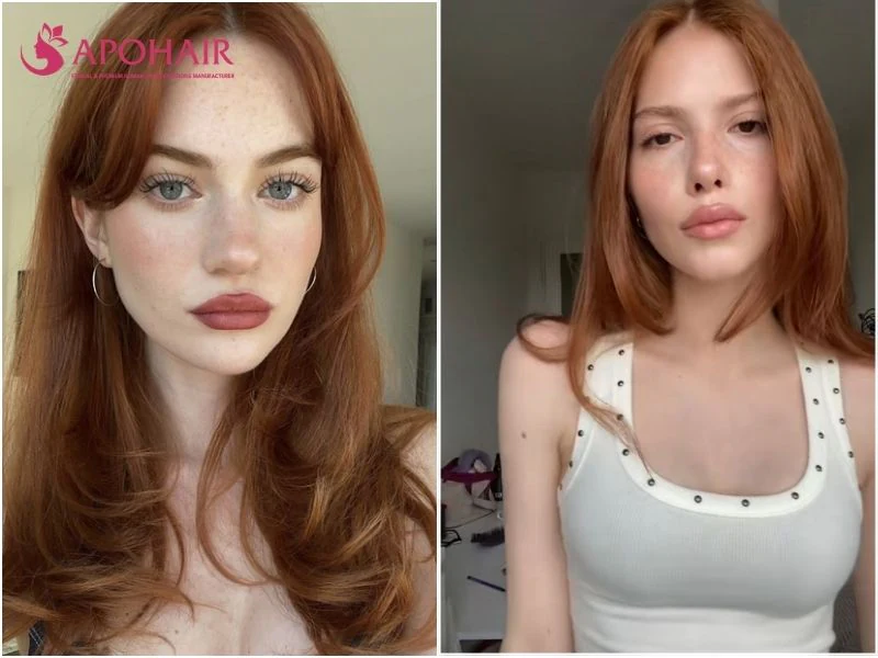 Two women with copper hair, one with curtain bangs and one with a straight center part, on fair skin