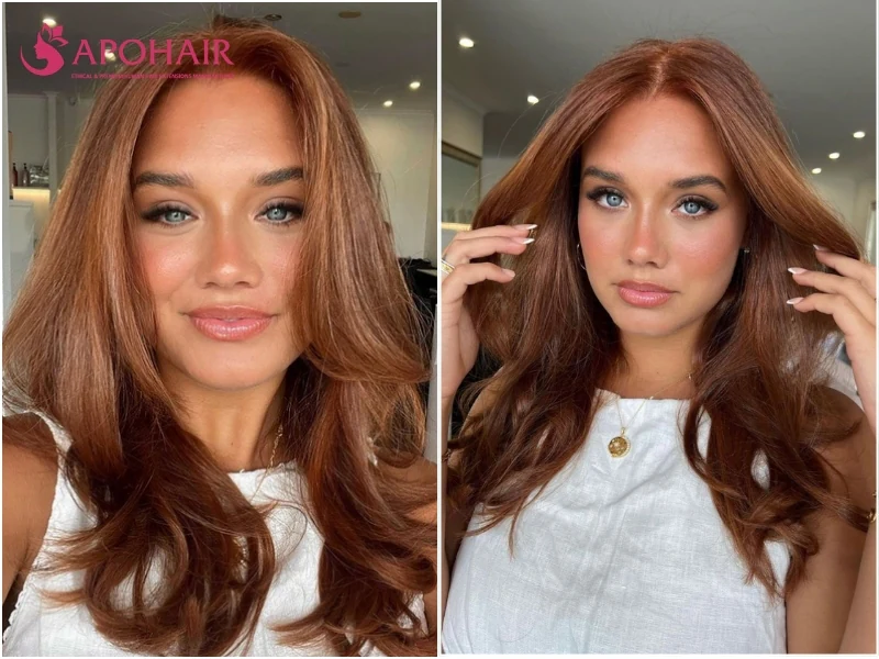 Two women with copper hair in voluminous layers and blue eyes, a bold orange-red on warm skin tones