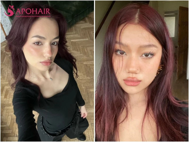 Two women with berry red hair carrying a pink-purple cast, one in loose waves and one straight, on cool skin tones