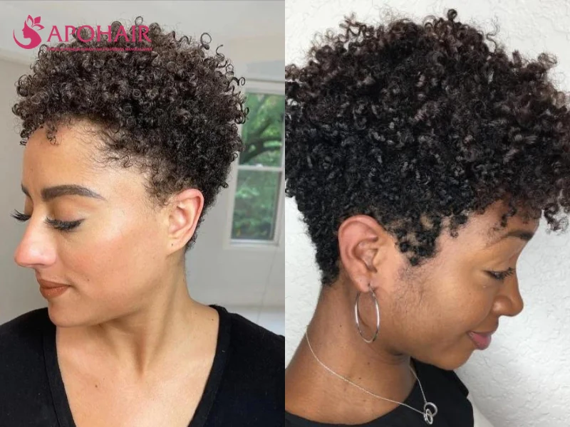 Two women in profile with cropped curly cuts kept close at the temples so curls do not dwarf a small face