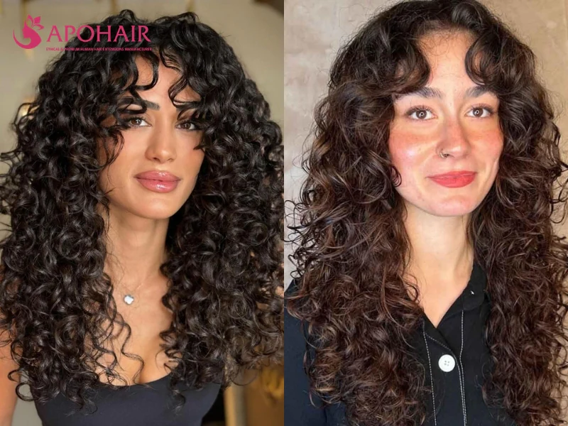 Two women with long curly hair shaped into graduated curls around the face, with curly bangs