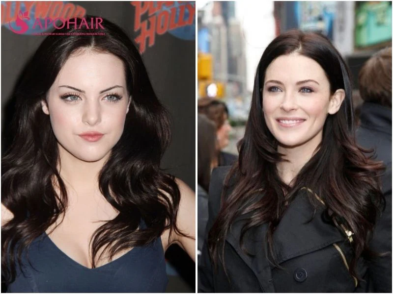 Two women with dark brown hair in long soft waves, a deep neutral shade that contrasts with fair skin