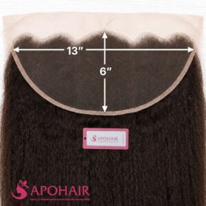 Kinky Straight Frontal 13x6 lace dimensions, 13 inches ear to ear and 6 inches deep, close up