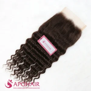 Deep wavy closure 5x5 in dark chocolate brown Vietnamese human hair with tight, defined ridges and the APOHAIR tag