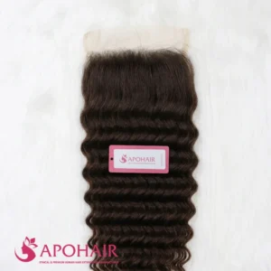 Close-up of a dark chocolate brown deep wavy closure 5x5 showing the lace base and deep wave ridges near the knots
