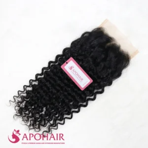 Deep curly closure 5x5 in natural black Vietnamese human hair with tight S-shaped coils and the APOHAIR tag