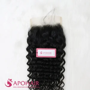 Close-up of a black deep curly closure 5x5 showing the lace base, the part area and tight coils below it