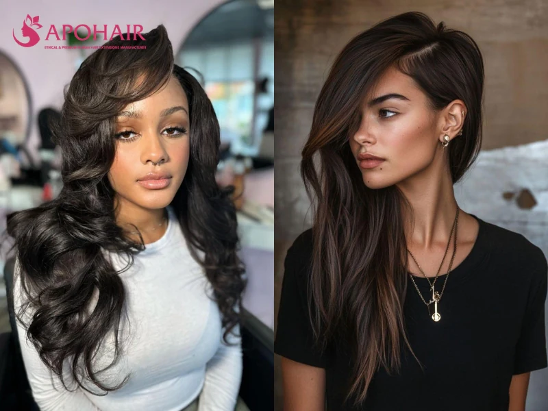 Two women with long hair parted deep to one side and the heavier section sweeping across the forehead