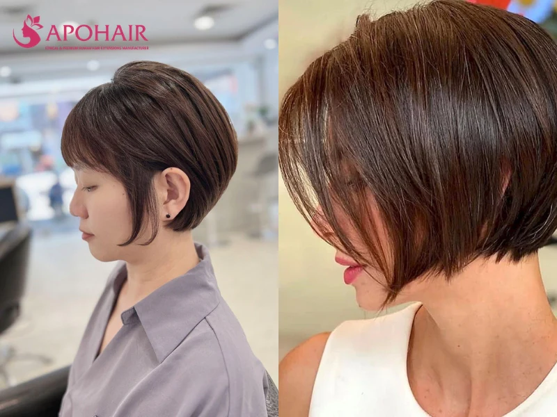 Two women with tapered ear-length bobs ending above the jaw, a short cut that keeps a small face uncovered