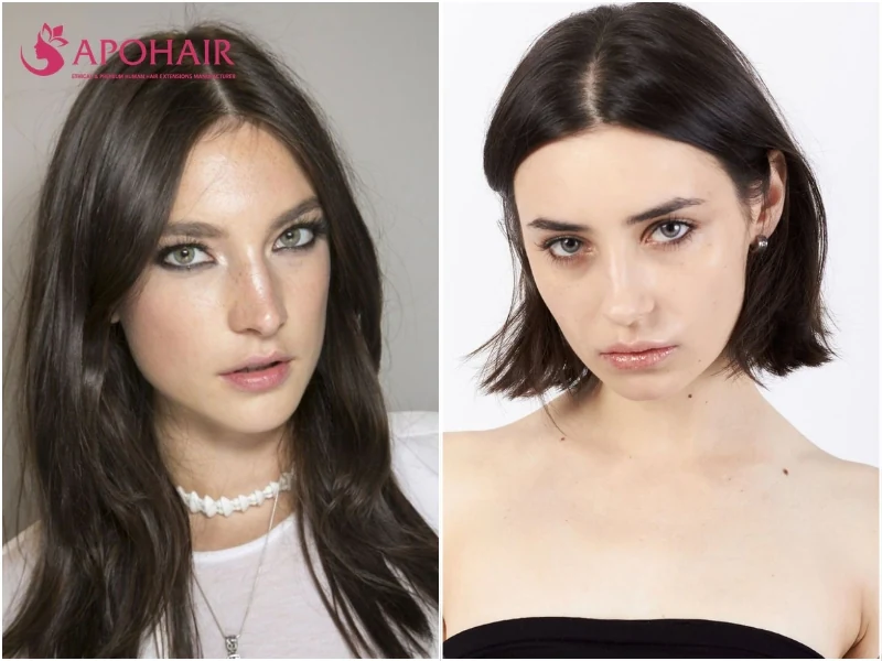 Two women with near-black espresso brown hair, one long and layered and one in a blunt bob, on cool skin tones