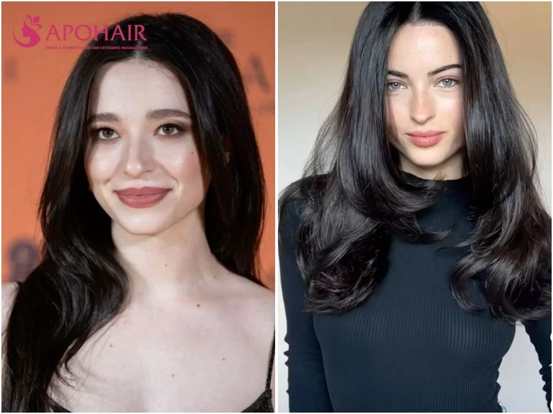 Two women with espresso brown hair, one in long layers and one in smooth waves, near black on fair skin