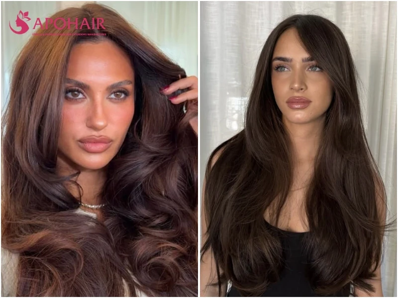 Two women with long espresso brown hair, one in big waves and one sleek with bangs, on warm skin tones
