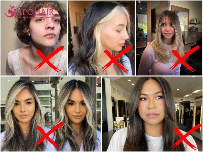 Grid of five women with face-framing haircuts and color, each marked with a red X as a look to avoid