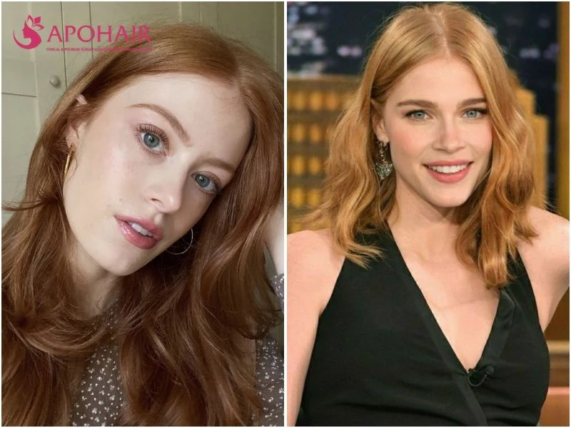 Two women with ginger hair in a light orange-red tone, one in soft waves and one in a lob, on fair skin