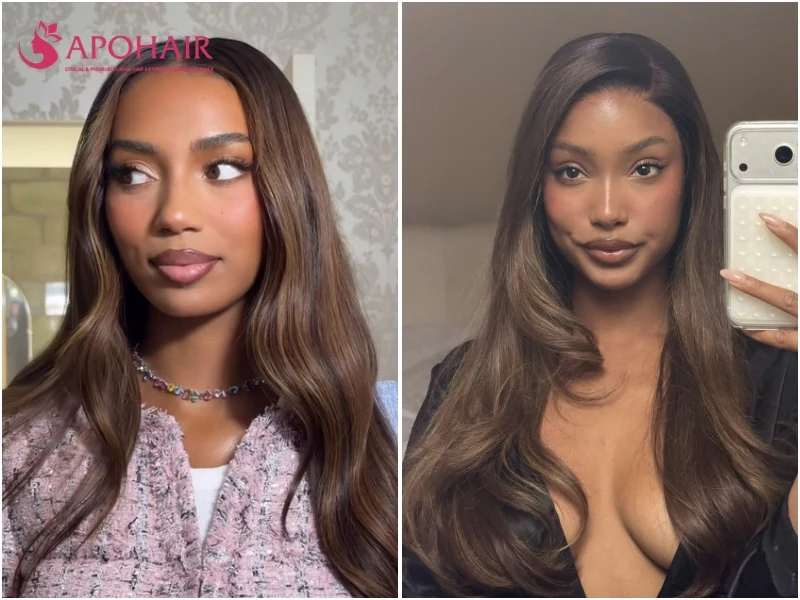 Two women with dark hair lit by golden-brown ribbons in long waves, on deep warm skin tones