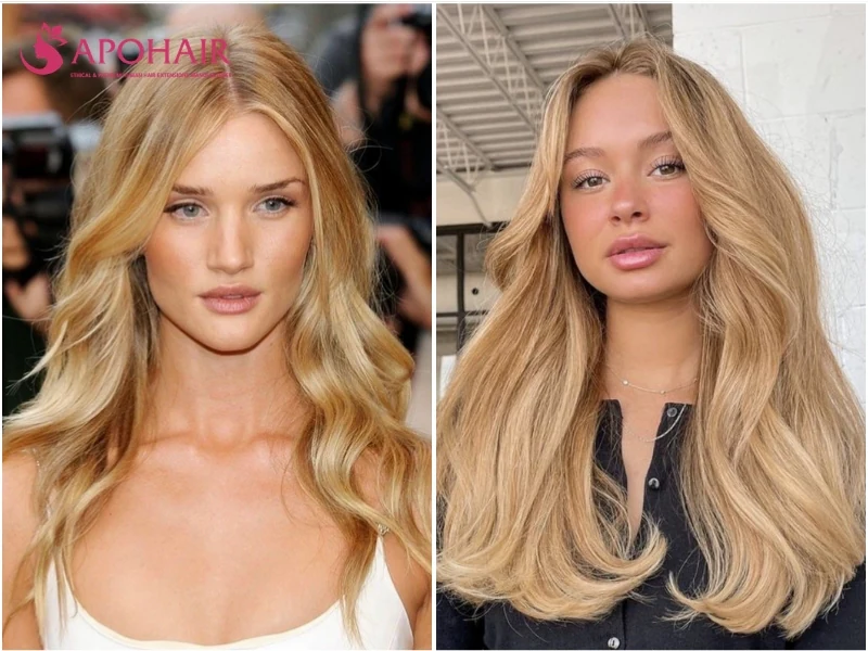 Two women with long wavy golden blonde hair in a sunny yellow-gold shade, glowing against warm skin tones