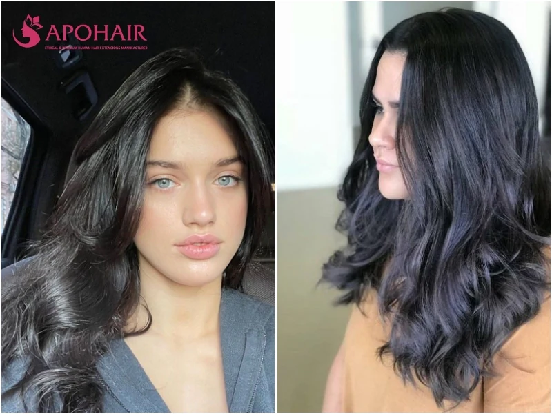 Two women with black hair carrying a smoky gray-blue reflect, one in loose waves, on light cool skin tones