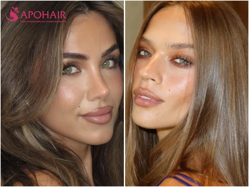 Two women with green eyes and warm skin tones, one with brown highlighted waves and one with light brown hair