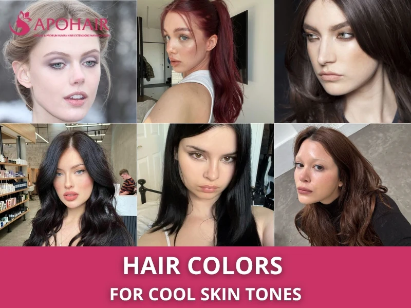 Collage of six women with black, red, and brown hair, a guide to the best hair colors for cool skin tones