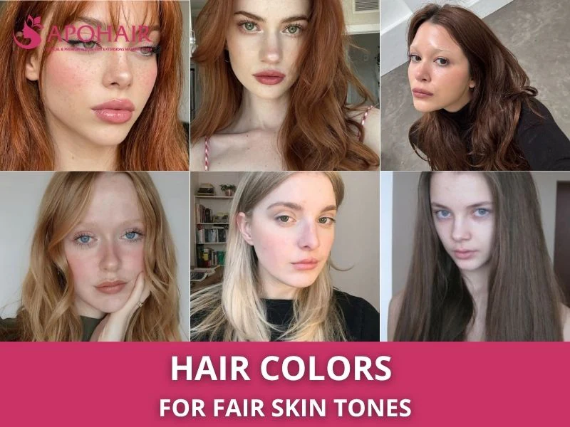 Collage of six women with copper, brown, and blonde hair, a guide to the best hair colors for fair skin