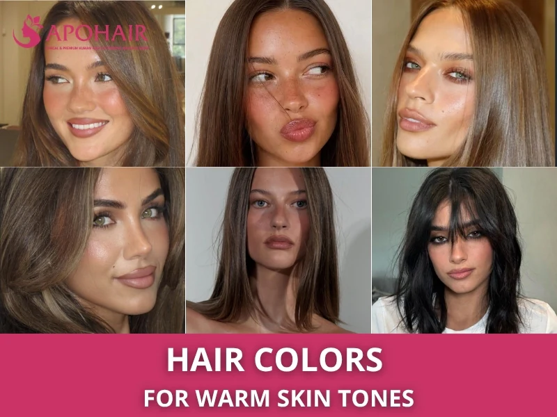 Collage of six women with brown and black hair, a guide to the best hair colors for warm skin tones