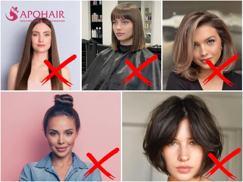 Grid of five women with hairstyles to avoid for a small face, each marked with a red X