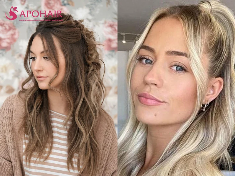 Two women wearing half-up hairstyles with two loose front pieces falling beside the face
