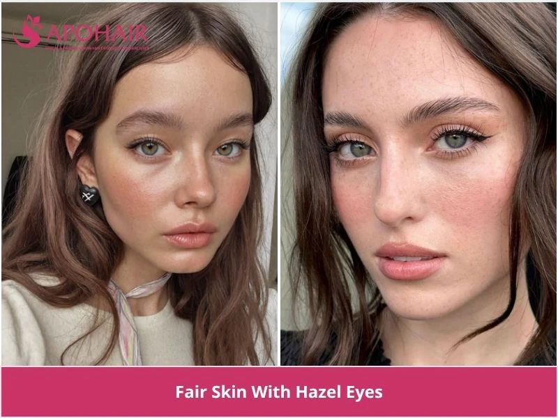 Two women with hazel eyes and fair skin, one with light brown hair and one with dark brunette hair