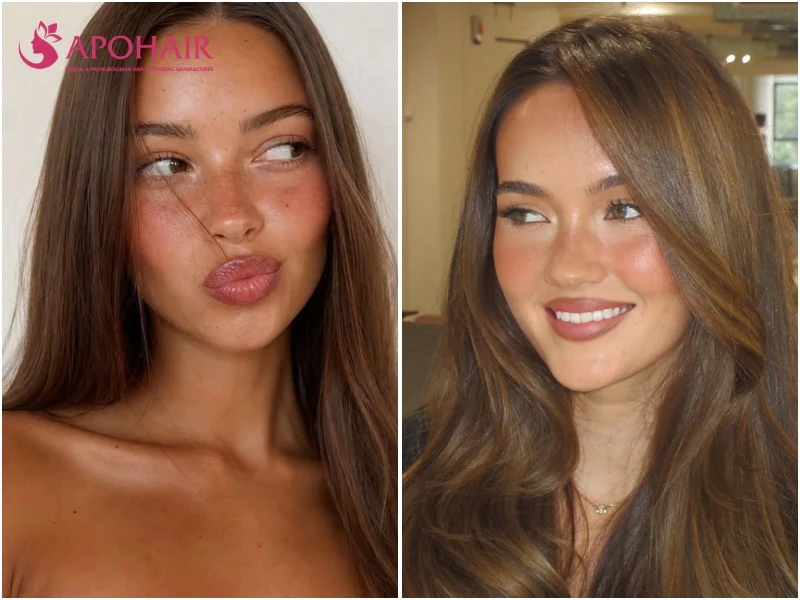 Two women with hazel eyes and warm skin tones, both with long brown hair, one with caramel face-framing pieces