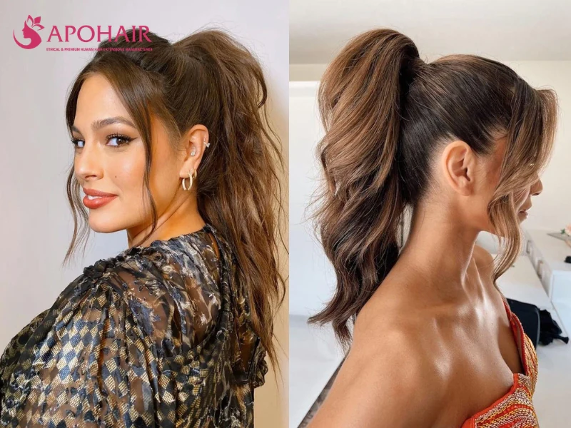 Two women with high ponytails and loose front pieces that clear the cheeks and show a small face in full