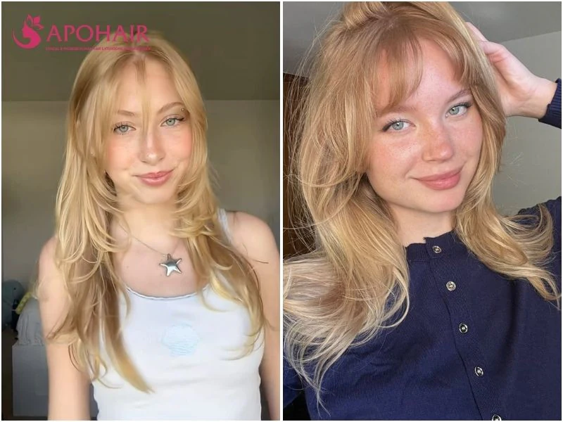 Two women with warm honey blonde hair and bangs in long layers, glowing against fair skin