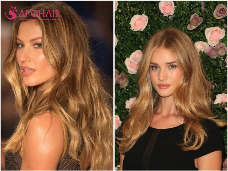 Two women with long honey blonde waves in a rich amber-gold tone, framing medium warm skin tones