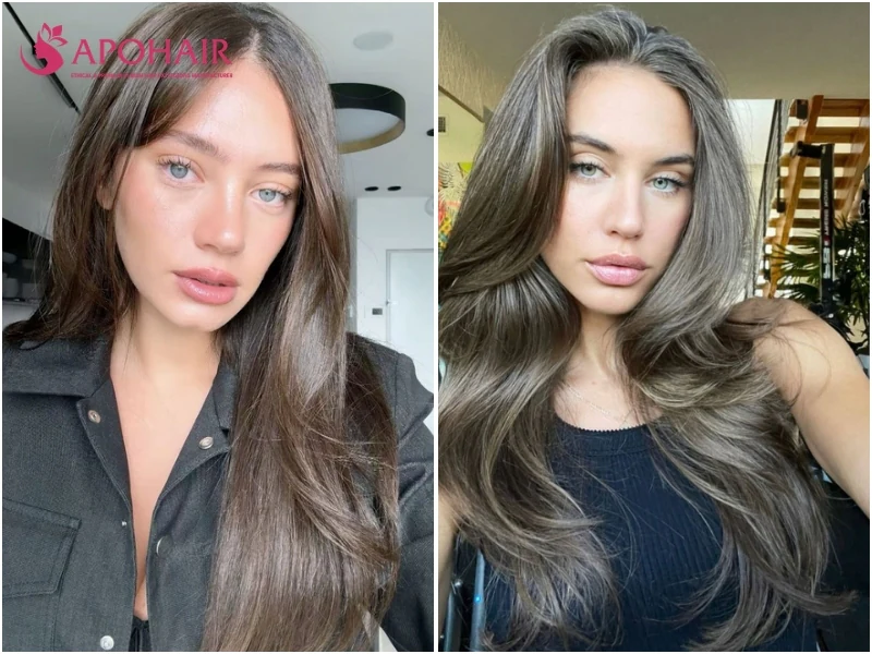 Two women with long brunette hair lifted with silvery ash-beige highlights, a frosted look on cool skin tones