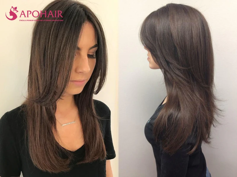 Two views of long dark brown hair with front layers ending at the jaw and the back left at full length
