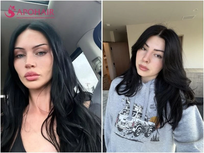Two women with glossy jet black hair, one straight and one layered with side-swept pieces, on fair skin